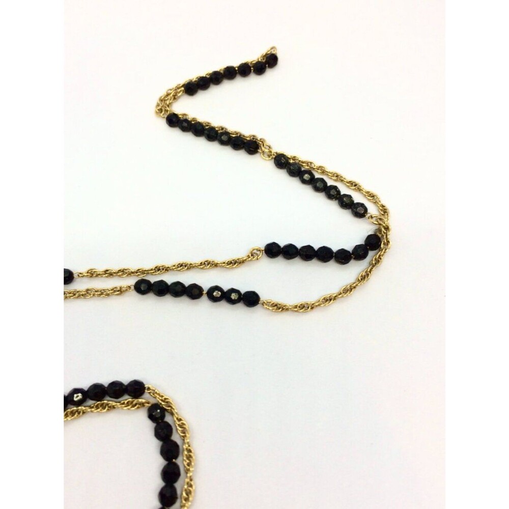 VINTAGE ARTISAN NECKLACE Gold Tone Chain Black Beads Floral Medallion Pendant - Picture 11 of 12